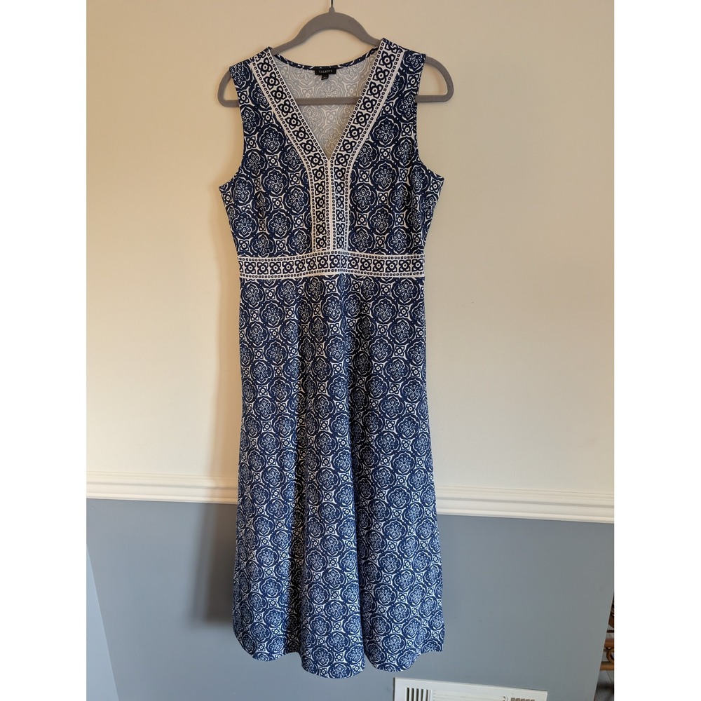Talbots Womens Blue White Medallion Print V-Neck Sleeveless Midi Dress medium